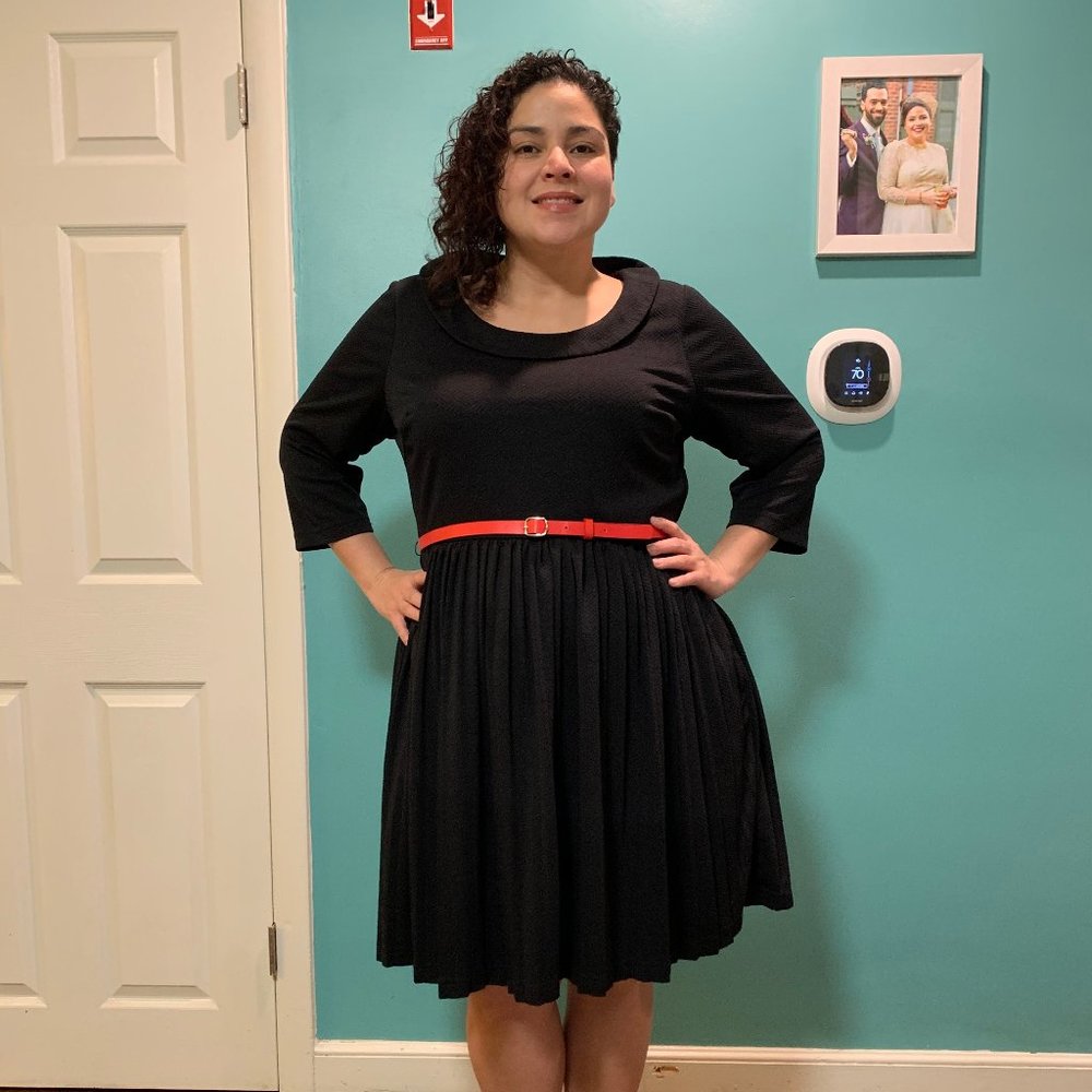 Modcloth pleated textured black dress w/ red belt